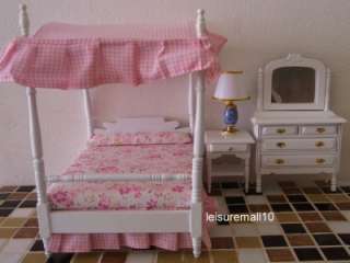   Miniature Bedroom Furniture Pink Canopy Bed Dresser Side Table Barbie