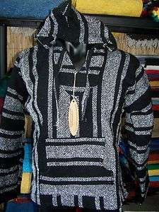 MEXICAN BAJA SURFER PONCHO HOODIE XXLARGE BLACK + WHITE WITH FRONT 