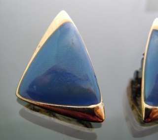 Super Glam Vintage Blue Enamel Coated Triangle Earrings Gold GP Post 