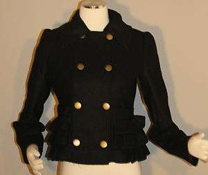   Cute BLACK Wool Coat Blazer Jacket w/ Lower Side Ruffles XS, S, M, L