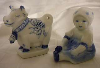   Hungarian Zsolnay figure of Little girl and a blue and white Cow, 2 pc