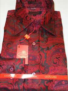 Mens Leonardi Berry Red Grand Paisley 2 Button High Collar Dress Shirt