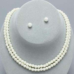 Double Strand Pearl Necklace & Earring Set Ivory  