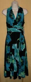   green turqoise Botanical ruched swag floral top dress 6 $89  