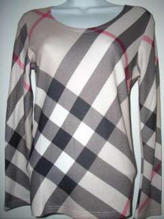 WOMEN BURBERRY LONDON CHECK SCOOP NECK LONG SLEEVES SZ M SWEATER POLO 