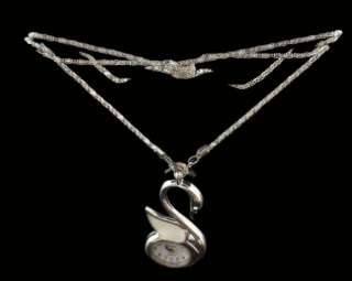 New Silver Color Swan Pocket Quartz Lady Pendant Necklace Watch Clock 