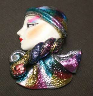Figural Brooch Pin Womans Face Metallic Hat Collar Fimo  