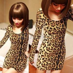  Stylish Long Sleeve Tops Leopard Print Mini Dress Tunic T shirt S M