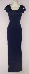 JS BOUTIQUE Navy Lace Beaded Stretch Jersey Cap Sleeve Formal Gown 
