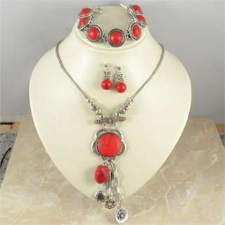 Vintage Tibetan Silver PLD Flower Red Turquoise Necklace Bracelet 