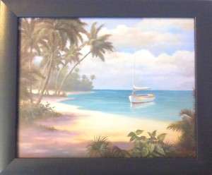 Framed Tropical Beach Home Palm Trees Sailboat Prints  