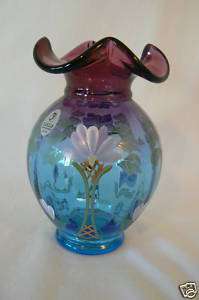 Fenton 6 1/2 Mulberry Vase HP Lattice & Flowers Ltd Ed  