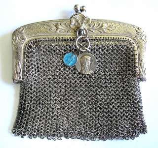 ANTIQUE COIN PURSE SILVER CHAINMAIL c1870 FRENCH TRIPLE COMPARTMENTS 