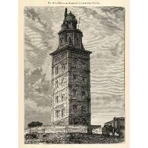  1882 Wood Engraving Tower Hercules Torre de Hercules Roman 