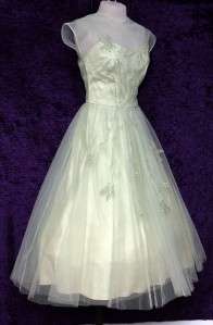 Vtg 50s Embellished Lace ILLUSION Party PROM Wedding Dress Pale 