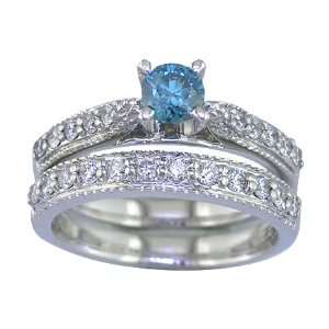  1.10 CT Blue Diamond Wedding Set 14K White Gold In Size 10 