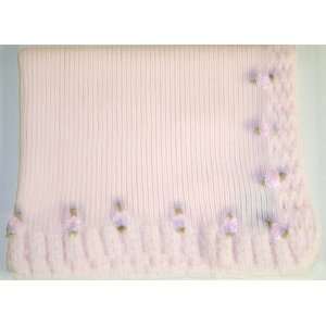   Crochet Infant Girls Baby Pink Cotton Blanket Trimmed with Carnations