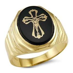   Solid 14k Yellow Gold Mens Onyx Cross Crucifix Ring Jewelry