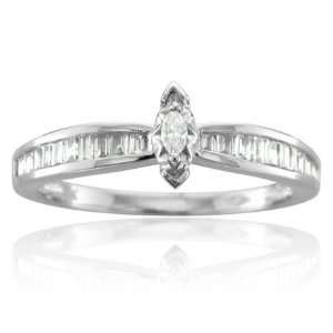 10k White Gold Marquise and Baguette Diamond Ring Band, Size 7 (HI, I 