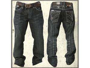   Studded White Stitch Denim Bootcut Mens Flap Pocket Jeans in Black