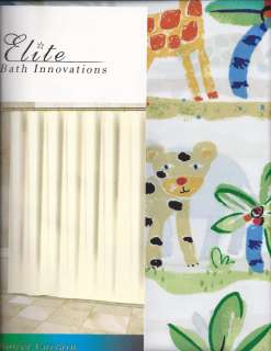 New Whimsical JUNGLE ANIMALS Fabric Shower Curtain White Giraffe Lion 