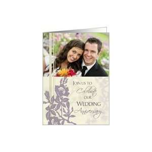 Anniversary Party Invitation Photo Card   Beige and Purple Floral Card