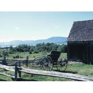 Antique Carriage on Farm with Old Barn and Wooden Fence Photographic 
