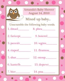 24 Baby Shower Word Scramble Game Cards PINK BABY OWL  