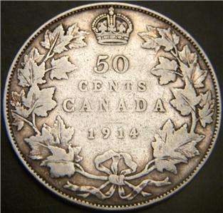 1914 Canadian Silver Fifty Cent Piece   Some Details Show on Crown 