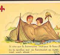 BOY SCOUTS CAMPING, TENT COLLAPSES IN RAIN, POSTCARD  