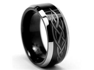   8MM Black & White Mens Tungsten Ring with Laser Etched Tribal Design