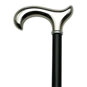  walking stick cane has a chrome plated Derby handle on shiny black 
