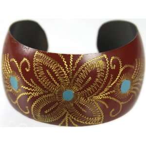    Colored Cuff Bracelet with Golden Etching   Brass 