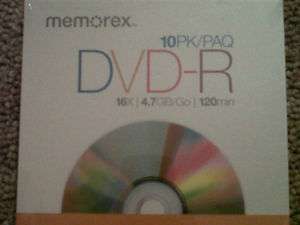 Memorex DVD R 10PK/PAQ 16x 4.7GB/GO 120Min New  