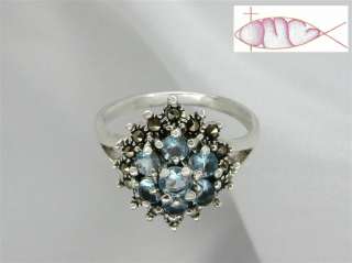Sterling Silver Aquamarine Floral Cluster Ring  8 9 10  