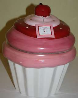 Pink White Red Ceramic Cupcake Cookie Jar 10 inch Tall NWT  