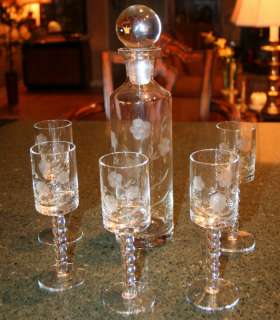 Etched Floral Glass Decanter & Goblet Estate Wine Set  