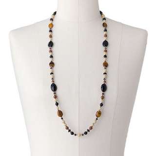 Chaps Silver Tone Beaded Tigers Eye Long Necklace
