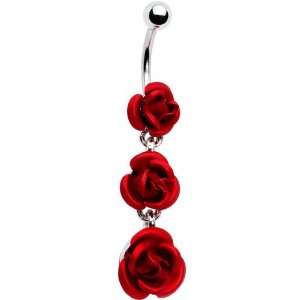  Ruby Red ROSE BOUQUET Dangle Belly Ring Jewelry