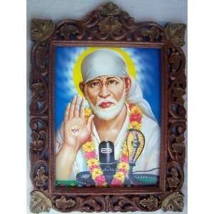  Lord Sai Baba with Shivling Poster Painting in wood craft 