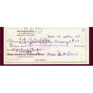 SKEETER DAVIS HAND SIGNED CHECK AUTOGRAPHED 1960 COUNRTY MUSIC