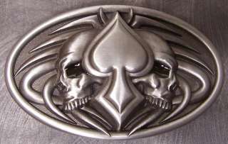 Pewter Belt Buckle gamble Ace of Spades & 2 Skulls NEW  