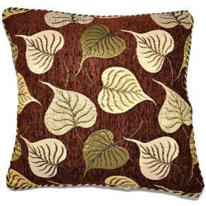  CORDUROY/ SILK LEAVES 16X16 THROW PILLOW COVER (BROWN 