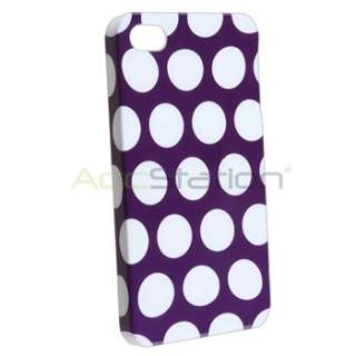 Purple w/ White Dot Back Case+Car Mount Holder+DC Charger For iPhone 4 