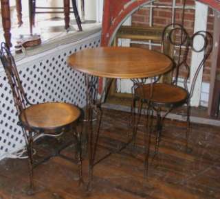 Old Antique 3 Pc Ice Cream Parlor Table & 2 Chair Set Wood & Copper 