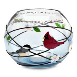    Red Bird Friends Round Glass Candle Holder