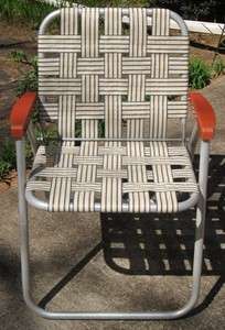 Vintage Aluminum Webbed Folding Lawn Chair NEW WEBBING Beige Tan Brown 