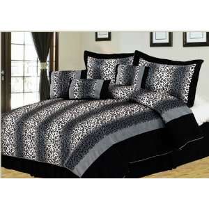 7pcs Micro Fur Grey and Black Leopard Skin Comforter Bed in a bag Set 