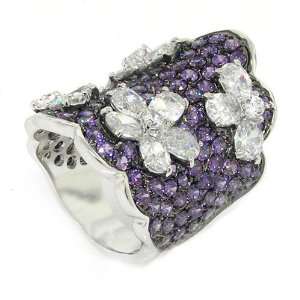  Flowery Shield Large Cocktail Ring w/Amethyst & White CZs 