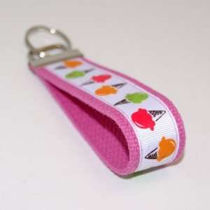  White Ice Cream Cones 5   Pink   Keychain Key Fob Ring 